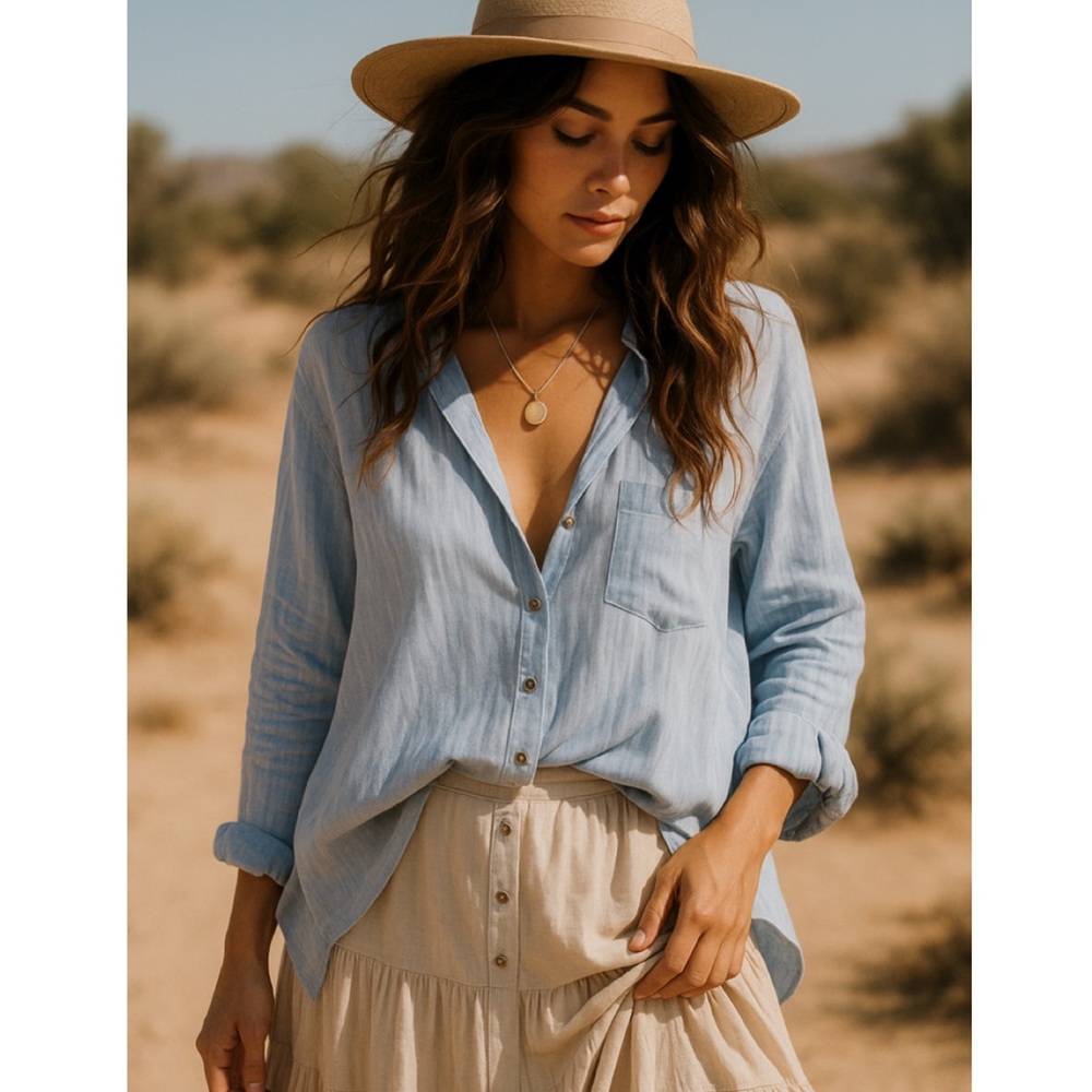 Free People Magic Breeze Blue Button Down Top XS Lightweight Boho